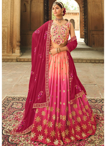Designer Sequence Work Silk Peach Shaded Lehenga Choli